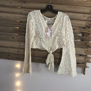 Band of Gypsies Lg beige crop top blouse lace Boho
